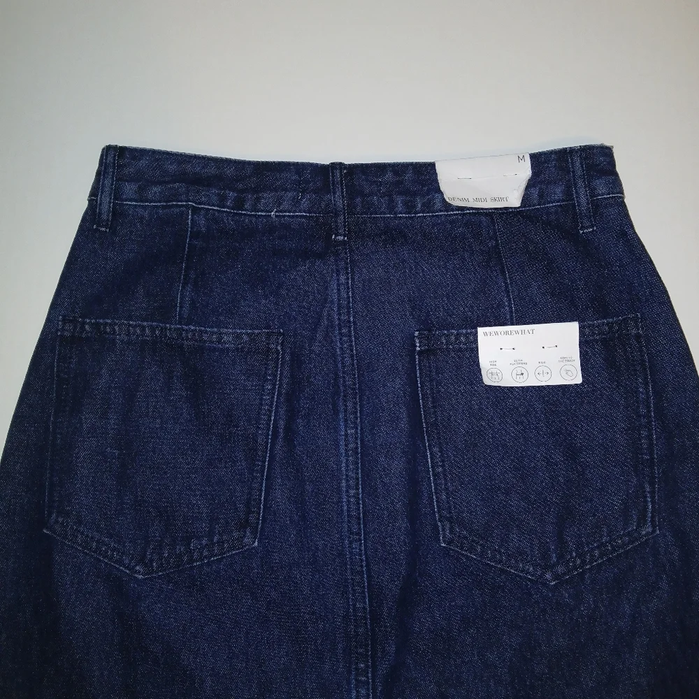 WeWoreWhat Denim Midi Skirt With Front Split, Cotton, Dark Blue Wash